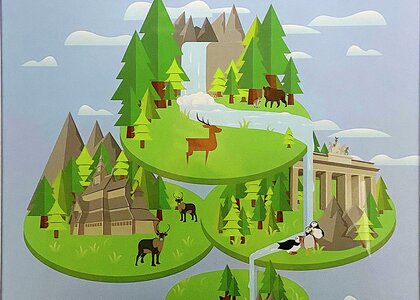 Illustrasjon av fiktivt landskap med dyr og planter mot blå bakgrunn - Klikk for stort bilde